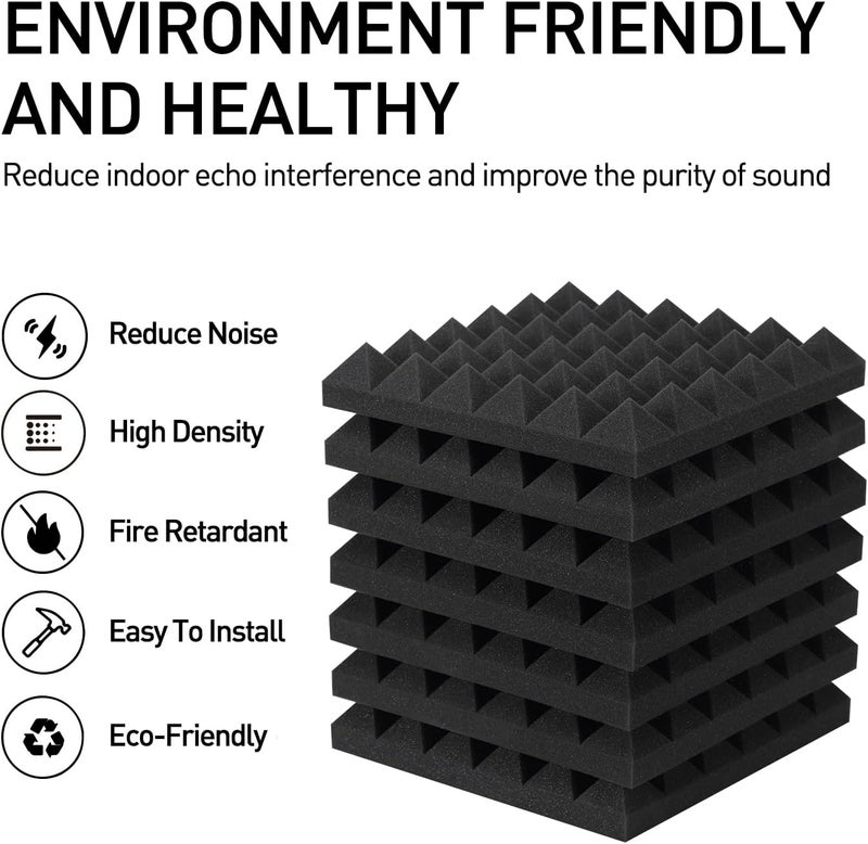 Focusound 24 Packs Acoustic Foam Panels Pyramid 2" X 12" X 12", Soundproofing Foam Noise Cancelling Foam with 120 PCS Double-Side adhesive - Image 3